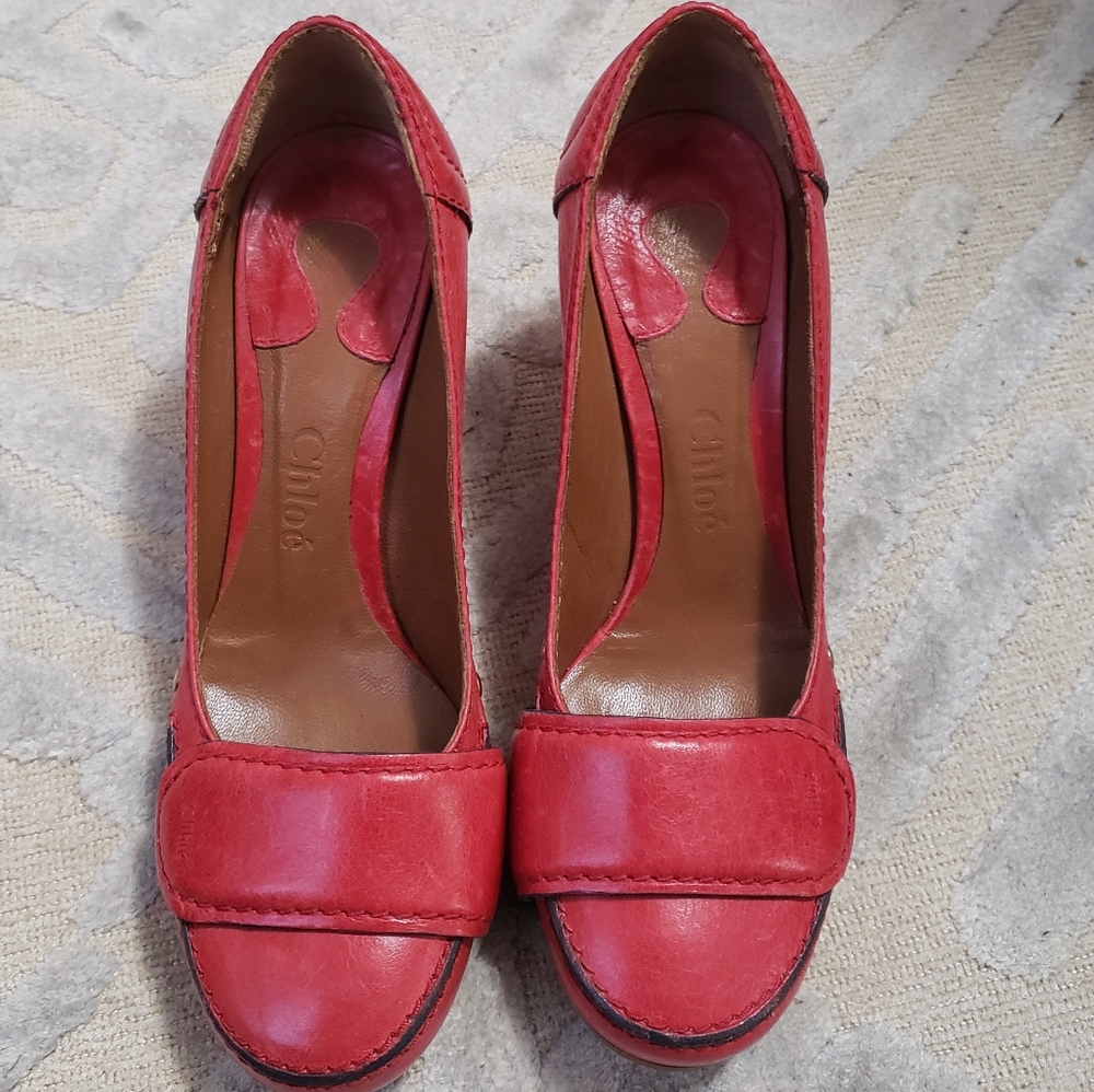Chloe Red Leather Block Heel Pumps